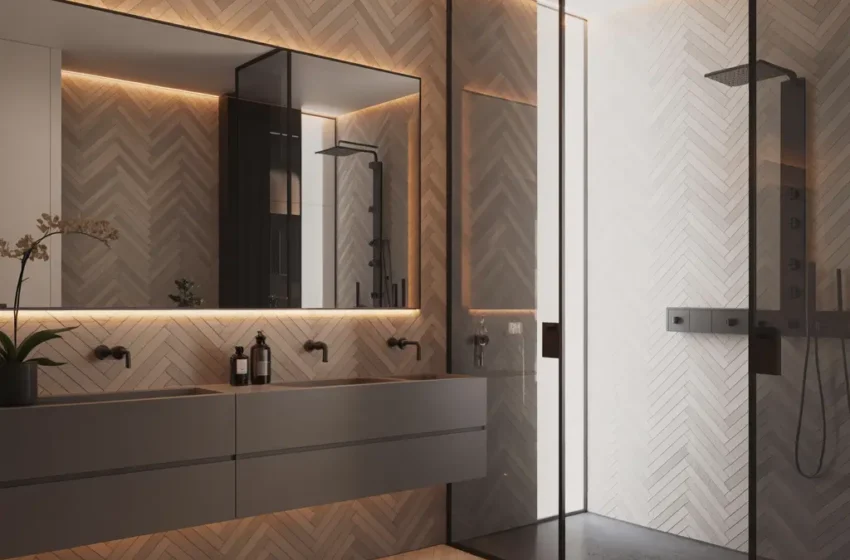 herringbone tile bathroom